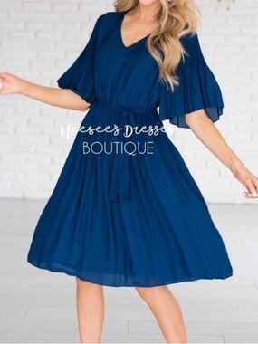 Neesees Dresses NWT Sleeve V-Neck Midi Dress in Deep Blue